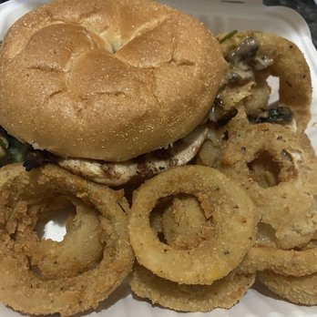 Mirage Diner - Chicken Alba Sandwich with onion rings - Diners Near Me - Brooklyn, New York