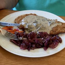 Maximillian's - Half portion of Jaeger Schnitzel with red cabbage.