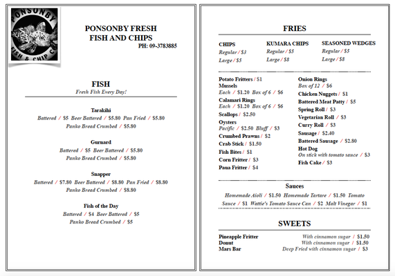 Menu photo 2 Ponsonby Fresh Fish and Chip Co Auckland, AUK Menu photo 2 Ponsonby Fresh Fish and Chip Co Auckland, AUK