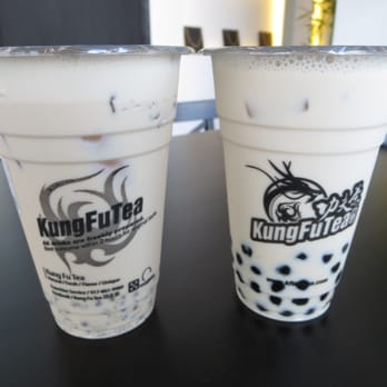 Kung Fu Tea - Left: Medium Kung Fu milk tea (black tea) with mung beans. Right: Wow milk tea with bubbles. - Bubble Tea Near Me - Doraville, Georgia Kung Fu Tea - Left: Medium Kung Fu milk tea (black tea) with mung beans. Right: Wow milk tea with bubbles. - Bubble Tea Near Me - Doraville, Georgia