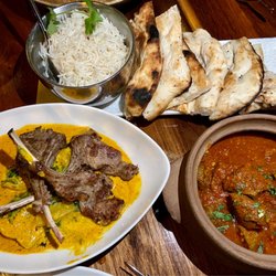 Vij's Restaurant - Rice, naan, lamb popsicles, goat in Punjabi style curry