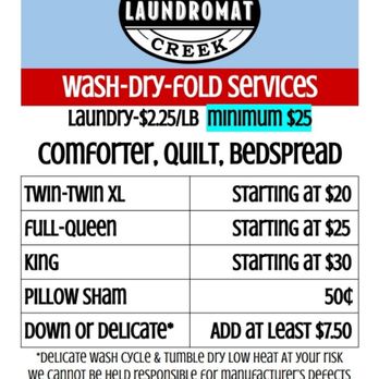 Willow Creek Laundromat - Wash Dry Fold drop off laundry service Monday thru Saturday. 24 to 48 hour turnaround. Drop off daily 8am to 8pm. First come, first served. - Laundromat Near Me - Carrboro, North Carolina Willow Creek Laundromat - Wash Dry Fold drop off laundry service Monday thru Saturday. 24 to 48 hour turnaround. Drop off daily 8am to 8pm. First come, first served. - Laundromat Near Me - Carrboro, North Carolina