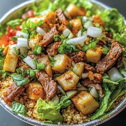 Suya Outpost - Beef Suya Salad with couscous, lettuce, beef Suya, and plantains.