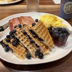 The Original Pancake House - Blueberry waffles with Canadian bacon