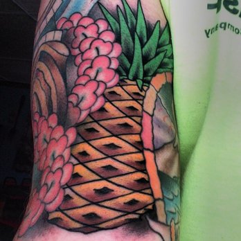 The Bell Rose Tattoo - Pineapple filler on a Hawaiian half sleeve. Done by Pony. - Tattoo Near Me - Daphne, Alabama The Bell Rose Tattoo - Pineapple filler on a Hawaiian half sleeve. Done by Pony. - Tattoo Near Me - Daphne, Alabama