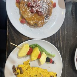 Sun-Dried Tomato, Goat Cheese and Pine Nuts Omelette, raspberry brulee pancakes. Sun-Dried Tomato, Goat Cheese and Pine Nuts Omelette, raspberry brulee pancakes.