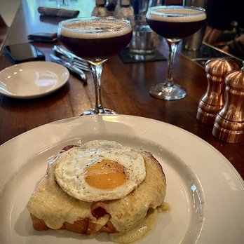 Corinne Denver - Croque Madame and 2nd round of Cold Brew Martinis in the background - Breakfast & Brunch Near Me - Denver, Colorado Corinne Denver - Croque Madame and 2nd round of Cold Brew Martinis in the background - Breakfast & Brunch Near Me - Denver, Colorado