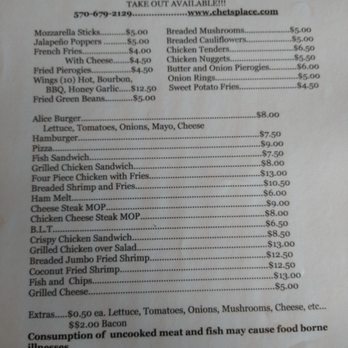Chet's Place - the menu for the restaurant - Dive Bars Near Me - Union Dale, Pennsylvania Chet's Place - the menu for the restaurant - Dive Bars Near Me - Union Dale, Pennsylvania