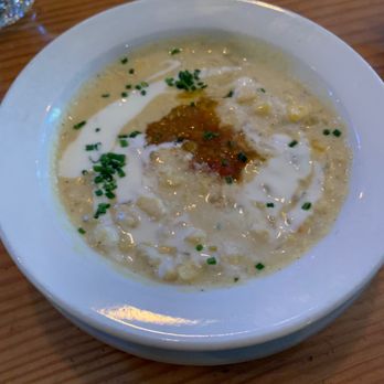 The Plimoth - Munson farms' sweet corn chowdah', confit cherry tomato, crème fraîche - Italian Near Me - Denver, Colorado The Plimoth - Munson farms' sweet corn chowdah', confit cherry tomato, crème fraîche - Italian Near Me - Denver, Colorado