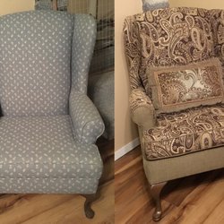 West Coast Upholstery - Before in the blue; after WCU worked their magic in the brown shades to match our new furniture set.