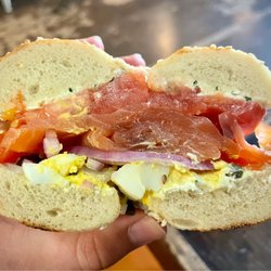 Boss Bagel - Cross section of the Slammin' Salmon bagel sandwich with house-smoked salmon. I asked for double salmon because I'm iNsAnE!
