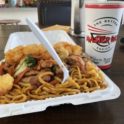 Master Wok - Burbon chicken , chicken and broccoli fried shrimp and lo mein and some Pepsi