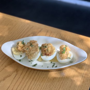 Fishwives - Fried Oyster on top of Deviled Eggs - Seafood Near Me - Pasadena, California Fishwives - Fried Oyster on top of Deviled Eggs - Seafood Near Me - Pasadena, California