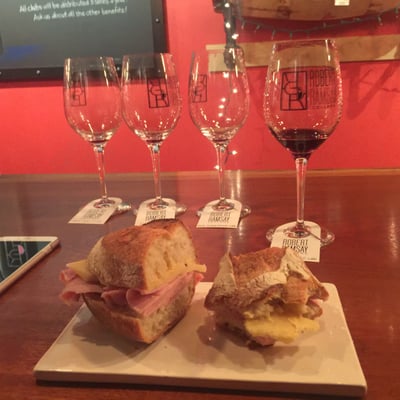 Photo of Robert Ramsay Cellars - Seattle, WA, US. Ham, cheese, Dijon, also had the Gruyere + balsamic baguette for dinner with wine flight. Exceptional. Sue makes RR Queen Anne great