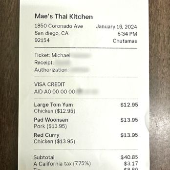 Mae’s Thai Kitchen - a receipt for a meal - Thai Near Me - San Diego, California Mae’s Thai Kitchen - a receipt for a meal - Thai Near Me - San Diego, California