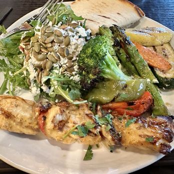 Olive Pit Grill -  Brea - Chicken kabob plate with Side Rocka Salad and Grilled Vegetables. - Greek Near Me - Brea, California