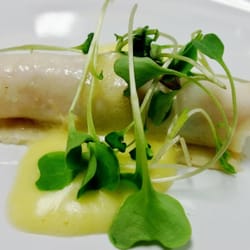 South Salem Culinary Arts Program - Scallop cannelloni filled with fresh dungeoness crab. Lemon hollandaise.