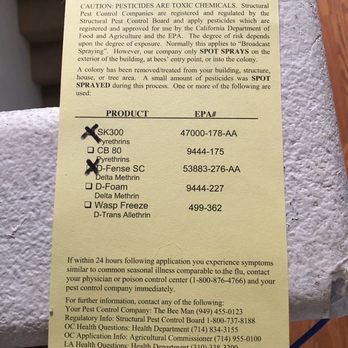 The Bee Man - List of chemicals used. - Pest Control Near Me - Mission Viejo, California