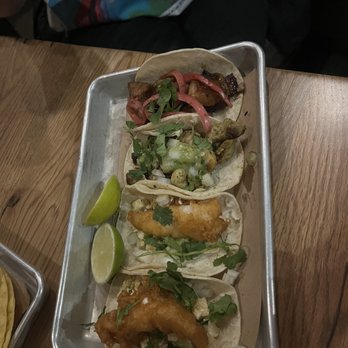 bartaco Seaport - (top to bottom) glazed pork belly taco spiced chicken verde taco baja fish taco x2 - Tacos Near Me - Boston, Massachusetts bartaco Seaport - (top to bottom) glazed pork belly taco spiced chicken verde taco baja fish taco x2 - Tacos Near Me - Boston, Massachusetts