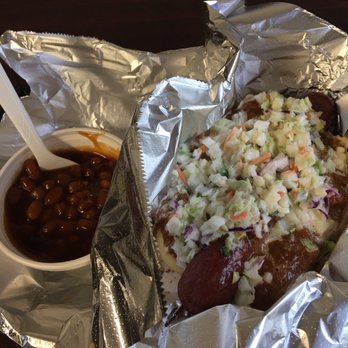 Rachel's Wing Shack - 1/4 Sabrett Hot Dog add Slaw w/ side of baked beans. Husband said it was very good - American Near Me - Deland, Florida Rachel's Wing Shack - 1/4 Sabrett Hot Dog add Slaw w/ side of baked beans. Husband said it was very good - American Near Me - Deland, Florida