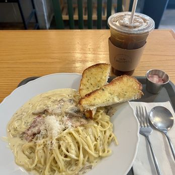 Cafe Ricotta - Carbonara pasta ($15) and peach iced tea (16 oz, $6) - Coffee & Tea Near Me - Langley, British Columbia Cafe Ricotta - Carbonara pasta ($15) and peach iced tea (16 oz, $6) - Coffee & Tea Near Me - Langley, British Columbia