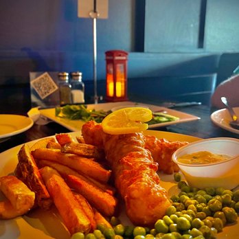 From Across the Pond - Fish and chips, served with lemon, tartar sauce and peas - note that they weren't mushy peas - British Near Me - Colleyville, Texas From Across the Pond - Fish and chips, served with lemon, tartar sauce and peas - note that they weren't mushy peas - British Near Me - Colleyville, Texas