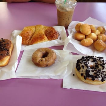 Peacock Donuts - Our donut spread! A chocolate roll, ham and cheese croissant, blueberry donut, Oreo donut, and donut holes! Yum - Donuts Near Me - Arcadia, California