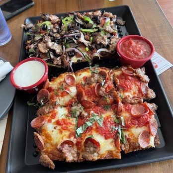 Pizza Payaa - Honey Badger (closest) & Tammy Supreme (farthest) with Side of House Ranch (4oz) and Side of House Red Sauce (4oz) - Pizza Near Me - Normal, Illinois Pizza Payaa - Honey Badger (closest) & Tammy Supreme (farthest) with Side of House Ranch (4oz) and Side of House Red Sauce (4oz) - Pizza Near Me - Normal, Illinois