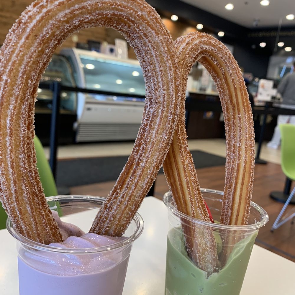 Churros and taro/ matcha flavored ice cream.