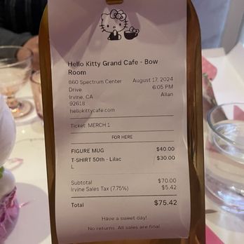 Hello Kitty Cafe - Cup and shirt receipt - Cafes Near Me - Irvine, California Hello Kitty Cafe - Cup and shirt receipt - Cafes Near Me - Irvine, California
