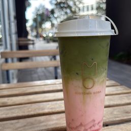 Strawberry matcha boba with lychee Strawberry matcha boba with lychee