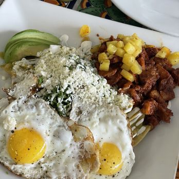 Cafe Xochimilco - Green Sauce Chilaquiles with Eggs and Meat (Al pastor) - Breakfast & Brunch Near Me - Long Island City, New York Cafe Xochimilco - Green Sauce Chilaquiles with Eggs and Meat (Al pastor) - Breakfast & Brunch Near Me - Long Island City, New York