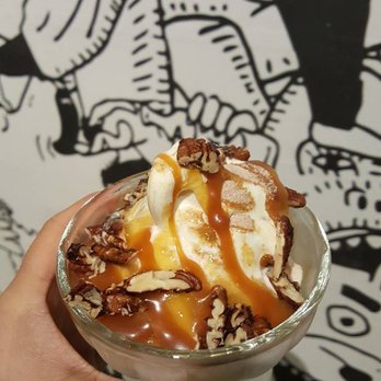 Bells and Whistles - The sundae is their original custard, whisky caramel, roasted pecans, peach jam and ice tea crystals. - Burgers Near Me - Vancouver, British Columbia