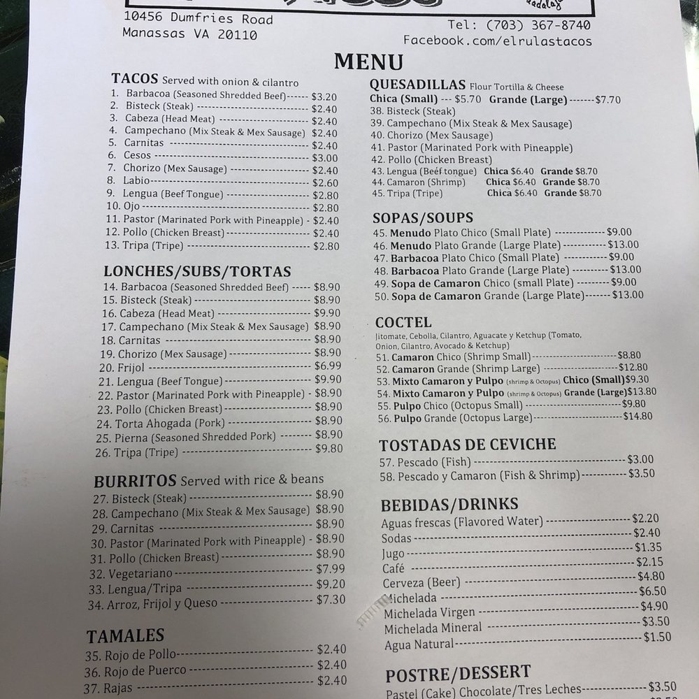 El Rulas Tacos - Menu - Mexican Near Me - Manassas, Virginia El Rulas Tacos - Menu - Mexican Near Me - Manassas, Virginia