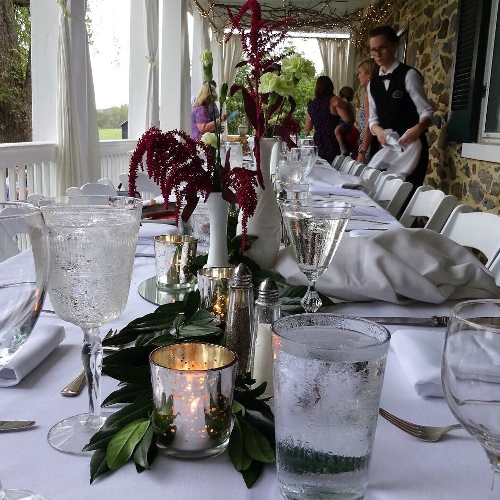 Silverbrook Farm - Our beautiful table setting on the back porch for our rehearsal dinner. - Bed & Breakfast Near Me - Purcellville, Virginia Silverbrook Farm - Our beautiful table setting on the back porch for our rehearsal dinner. - Bed & Breakfast Near Me - Purcellville, Virginia