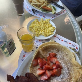 Paula's Pancake House - OJ, Crepes w/ Strawberries & Bacon, Side of Eggs, Steak w/ Onion Rings & Fries - Breakfast & Brunch Near Me - Solvang, California Paula's Pancake House - OJ, Crepes w/ Strawberries & Bacon, Side of Eggs, Steak w/ Onion Rings & Fries - Breakfast & Brunch Near Me - Solvang, California