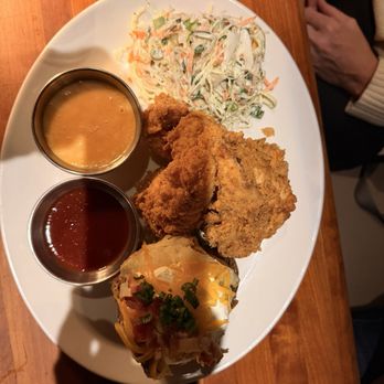 J. Alexander's - Crispy chicken strips with a loaded baked potato and southern style coleslaw - New American Near Me - Hoover, Alabama