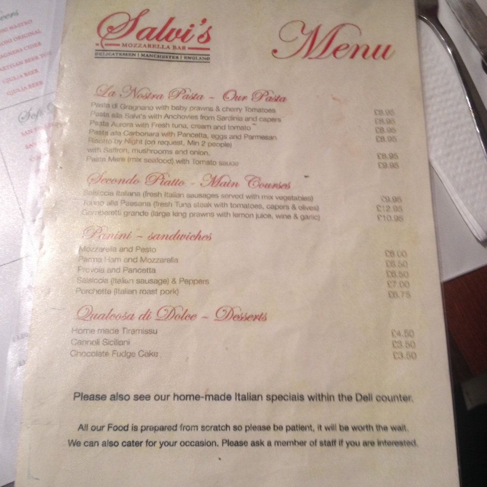 Salvi's Mozzarella Bar - Menu - Delicatessen Near Me - Manchester, XGM