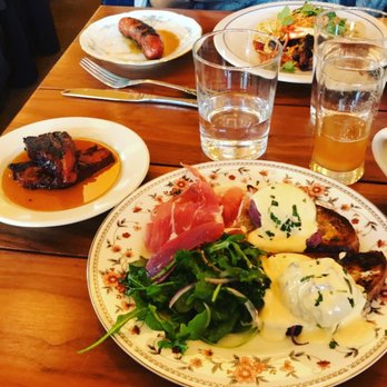 The Publican - Red wine poached eggs (front), maple bacon (back). Get both! - New American Near Me - Chicago, Illinois