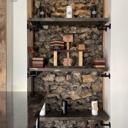 Merch includes some local artisan's woodworking + cool shelving!
