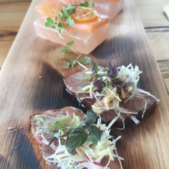 Delage - Salmon on Himalayan Sea Salt and Seared Miyazaki Beef - Japanese Near Me - Oakland, California Delage - Salmon on Himalayan Sea Salt and Seared Miyazaki Beef - Japanese Near Me - Oakland, California