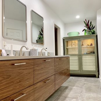 IV Remodeling - American Walnut Floating horizon pattern flat slab vanity. - Flooring Near Me - Austin, Texas IV Remodeling - American Walnut Floating horizon pattern flat slab vanity. - Flooring Near Me - Austin, Texas