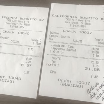 California Burrito - What we thought we paid until we received the credit card info showing they added to each of the totals. - Mexican Near Me - Carmichael, California