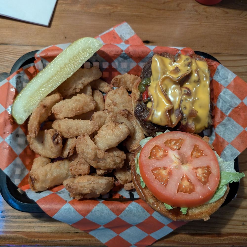 Office Bar & Grill - Western Burger with Onion Petals - Bars Near Me - Holland, Michigan