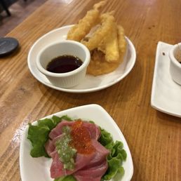 Complimentary otoro and mixed tempura Complimentary otoro and mixed tempura
