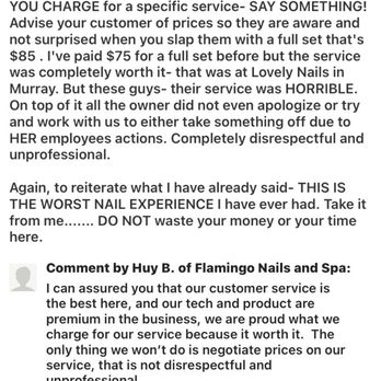 Flamingo Nails and Spa - This is your response to your horrible customer service- GET OUTTA HERE with that. No apology or trying to make it right. - Nail Salons Near Me - Herriman, Utah Flamingo Nails and Spa - This is your response to your horrible customer service- GET OUTTA HERE with that. No apology or trying to make it right. - Nail Salons Near Me - Herriman, Utah