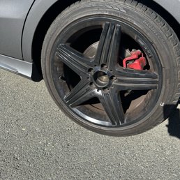 The tire that was fixed and now is missing the center Mercedes brand emblem cap. The tire that was fixed and now is missing the center Mercedes brand emblem cap.
