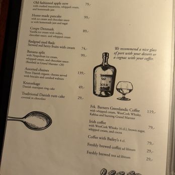 Frk. Barners Kælder - Dessert page of the menu - Danish Near Me - Copenhagen, 84 Frk. Barners Kælder - Dessert page of the menu - Danish Near Me - Copenhagen, 84