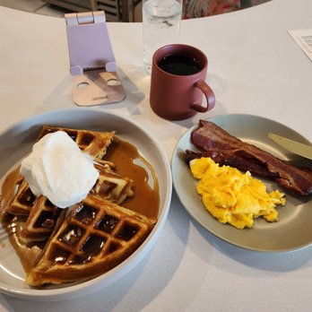 Beautiful Day - Gluten-free waffle with a maple pecan reduction, farm fresh egg & bacon. - Breakfast & Brunch Near Me - La Quinta, California