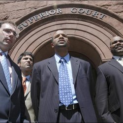 Gary Zerola Attorney - Superior Court press conference (L-R) Boston Attorneys Hank Brennan & Gary Zerola, Lawrence Attorney Socrates DeLaCruz, & Mr. Otto DeLaCruz